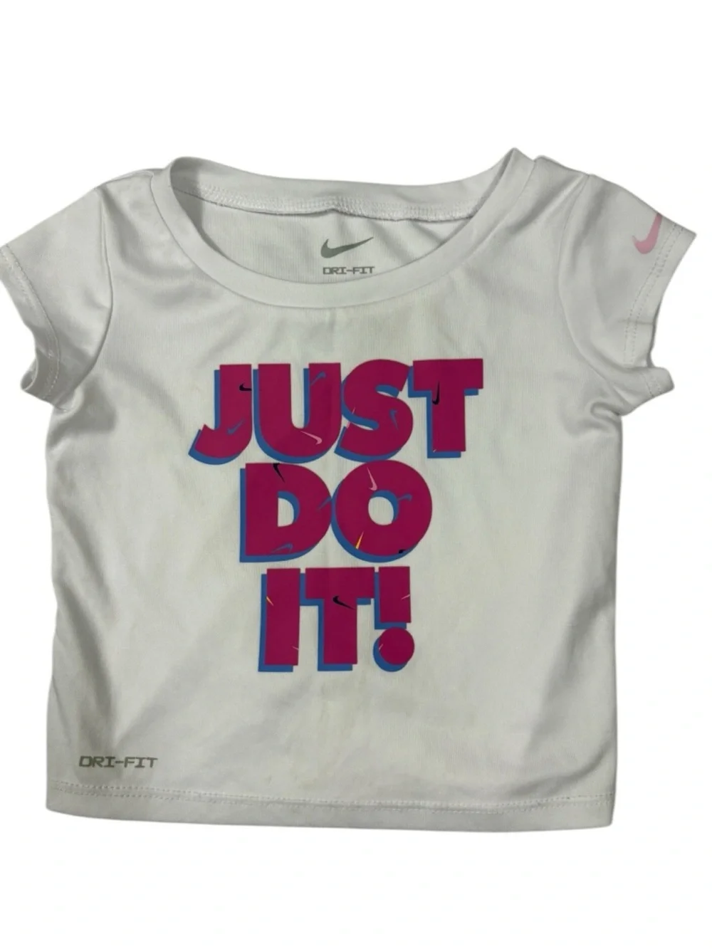 Nike Just Do It White Dri-Fit Tee with Pink & Blue Graphic Multi-Swoosh Shorts - Picture 3 of 12